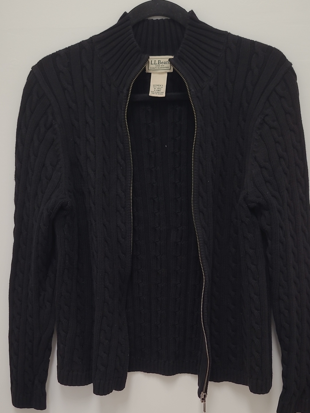 L.L. Bean Women's Black Cable-Knit Zip Cardigan